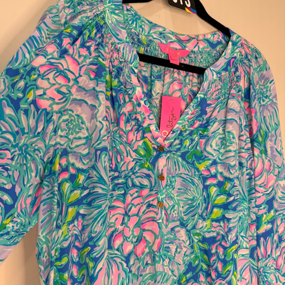 #13 LILLY PULITZER Elsa Top XL PTP: 24"Multi In Full Bloom Silk Floral NWT $158 - Picture 6 of 13